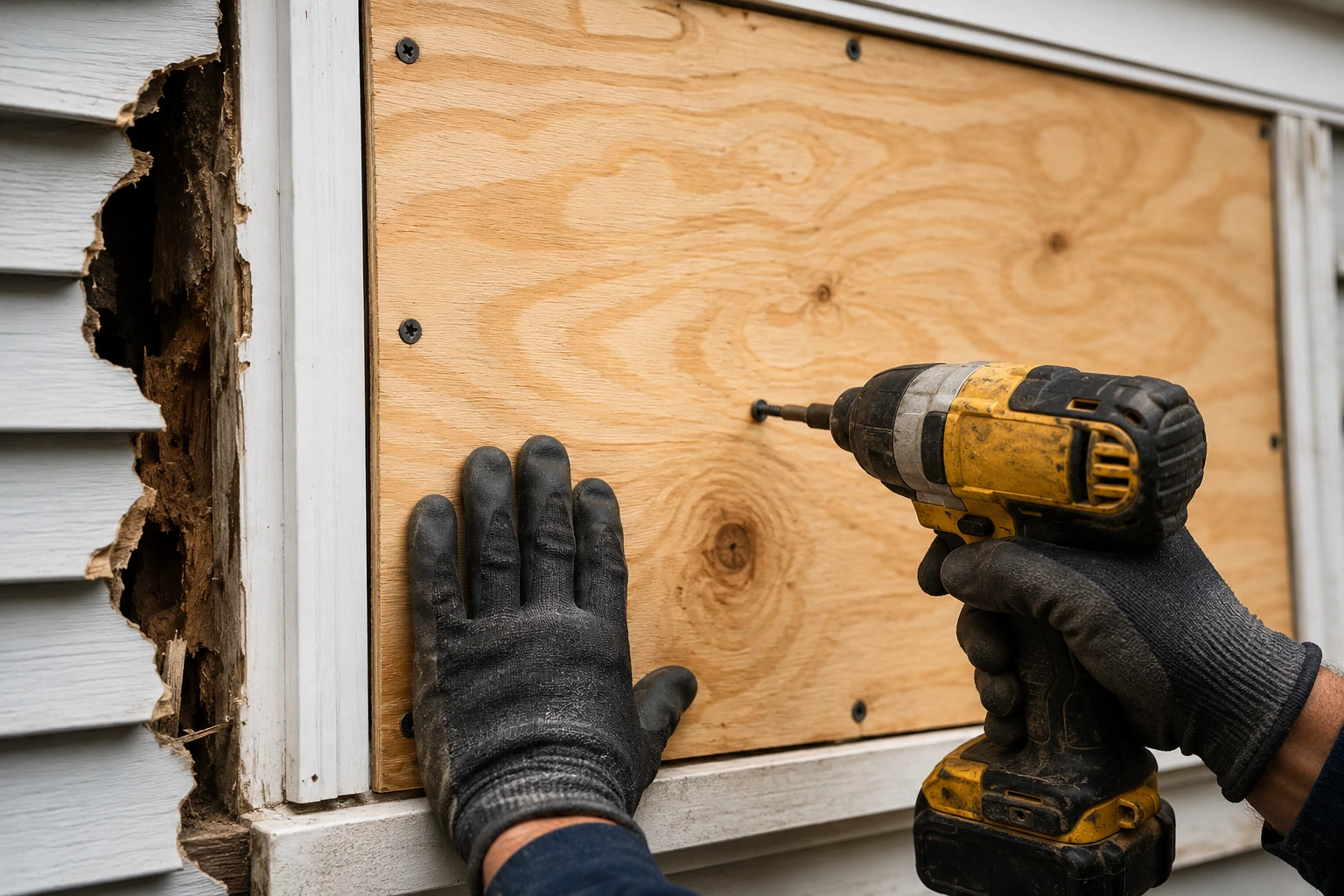 Close-up of plywood board-up installation on a damaged window opening.