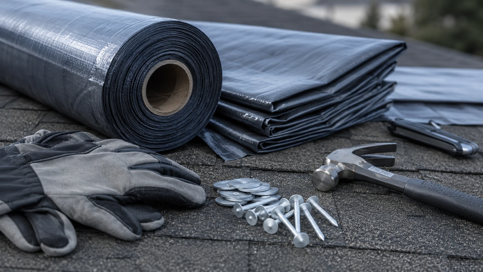 Roof tarping material being handled with work gloves on site.