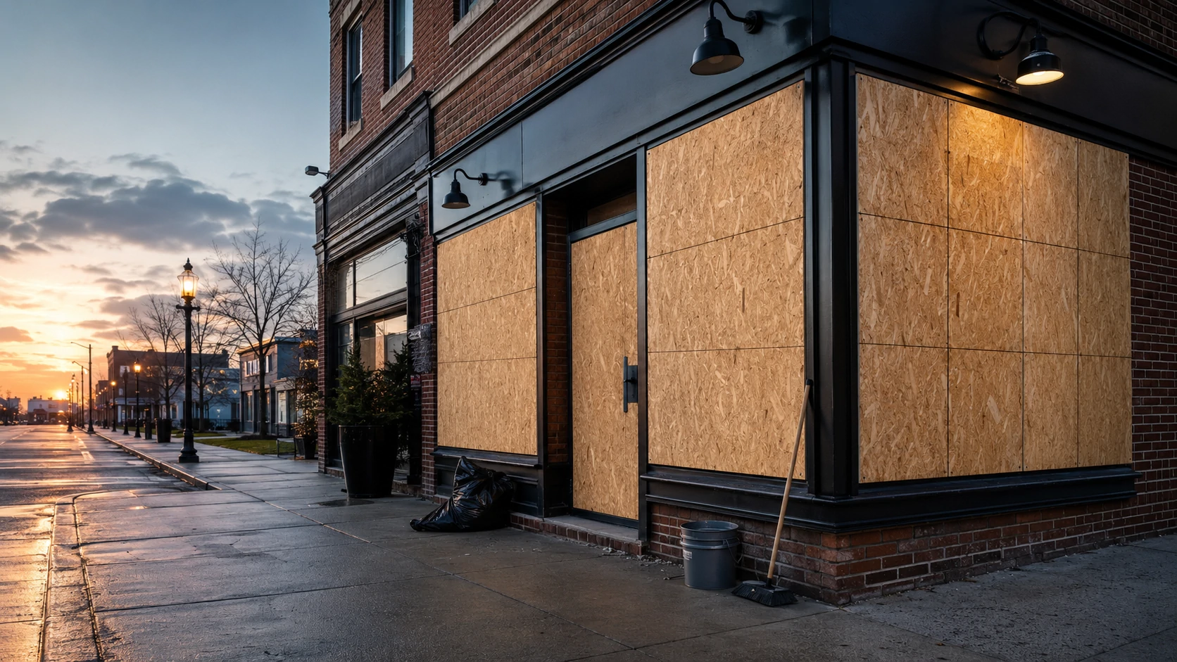 Retail storefront secured with plywood after glass breakage.