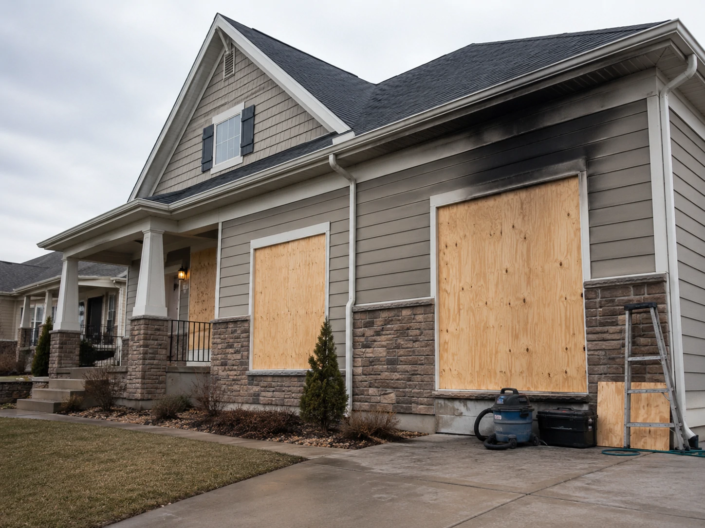 Boarded windows on a residential property after fire damage.