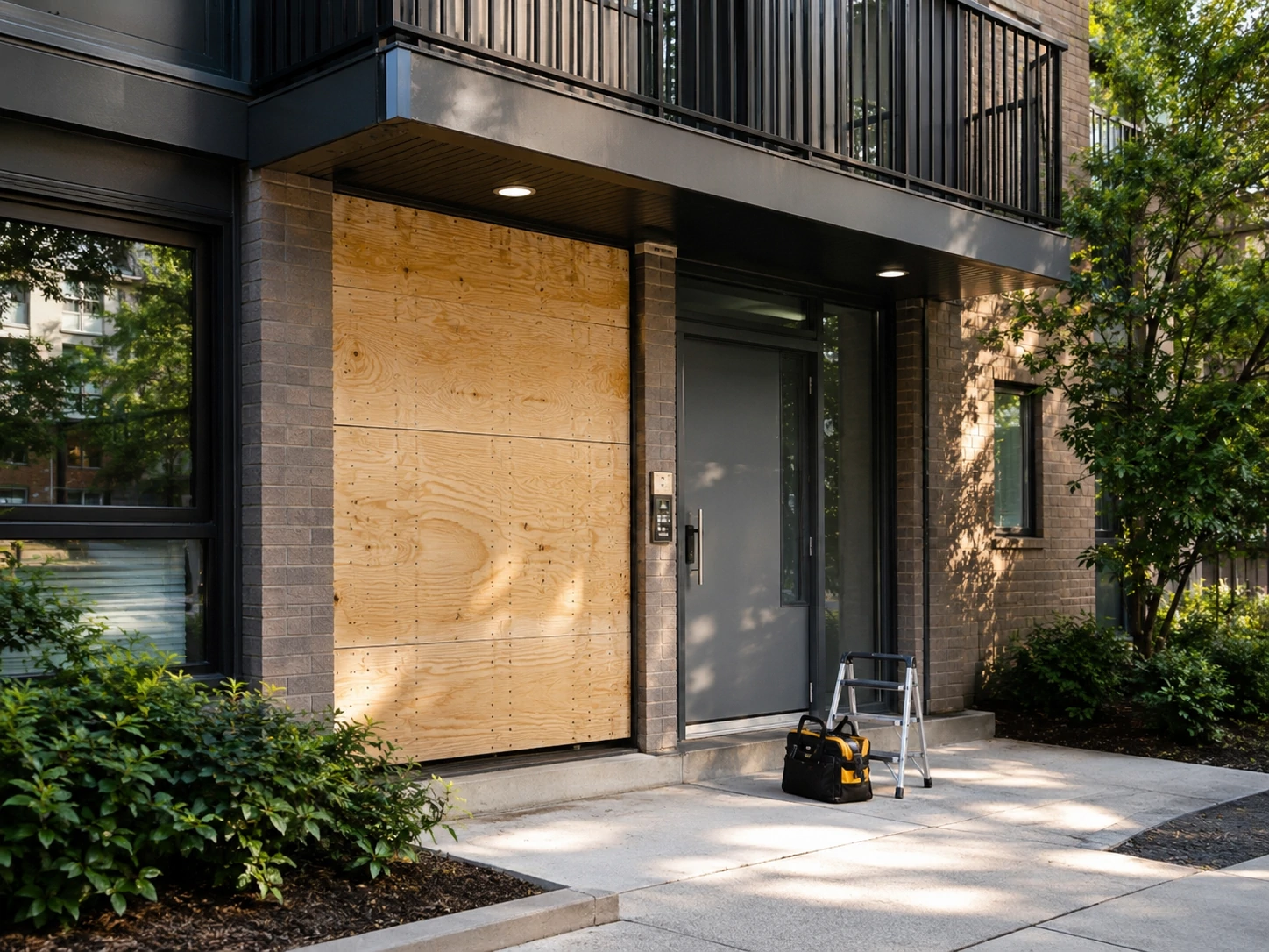 Commercial glass door secured with plywood after a break-in.
