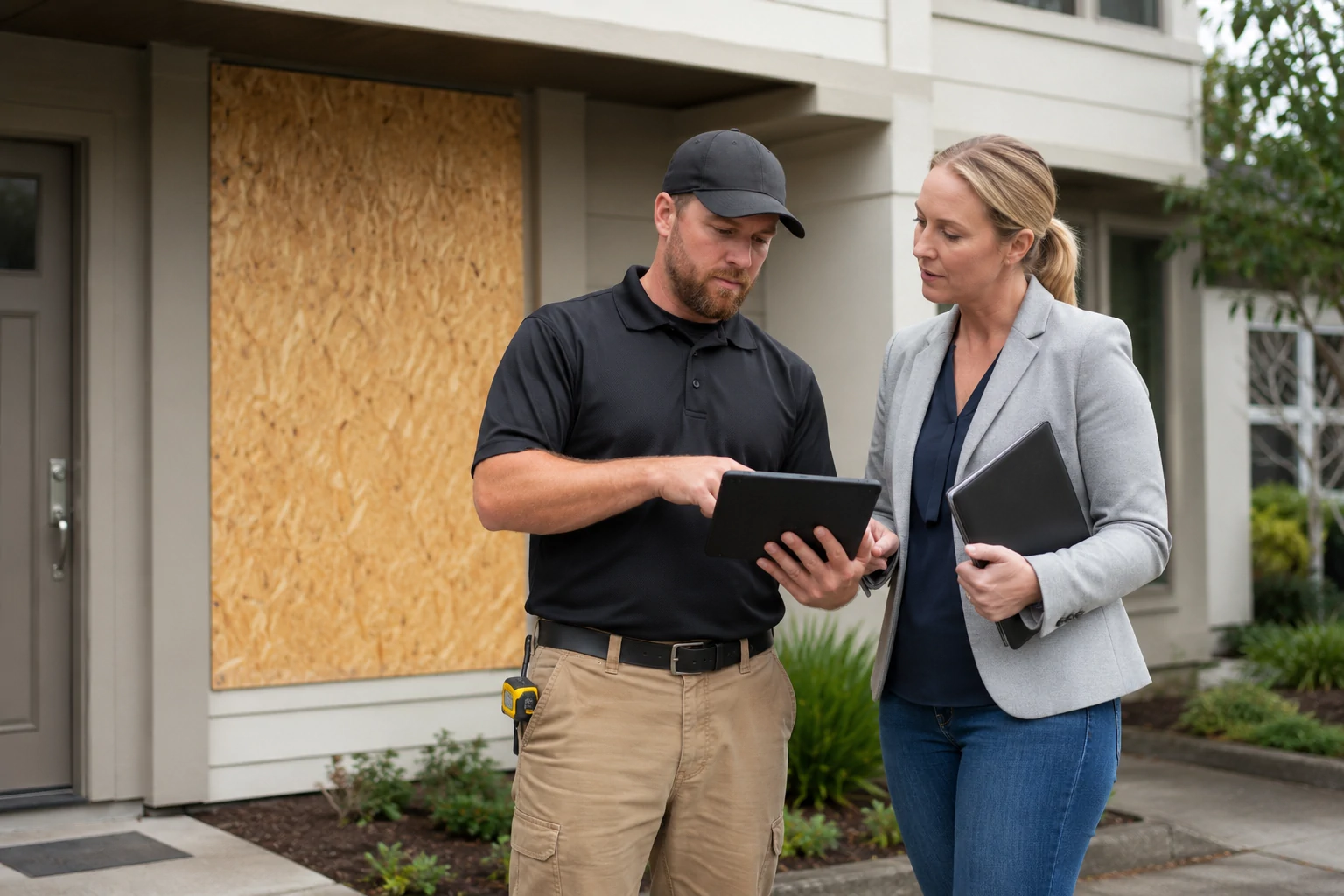 Insurance adjuster and restoration supervisor reviewing a secured property.