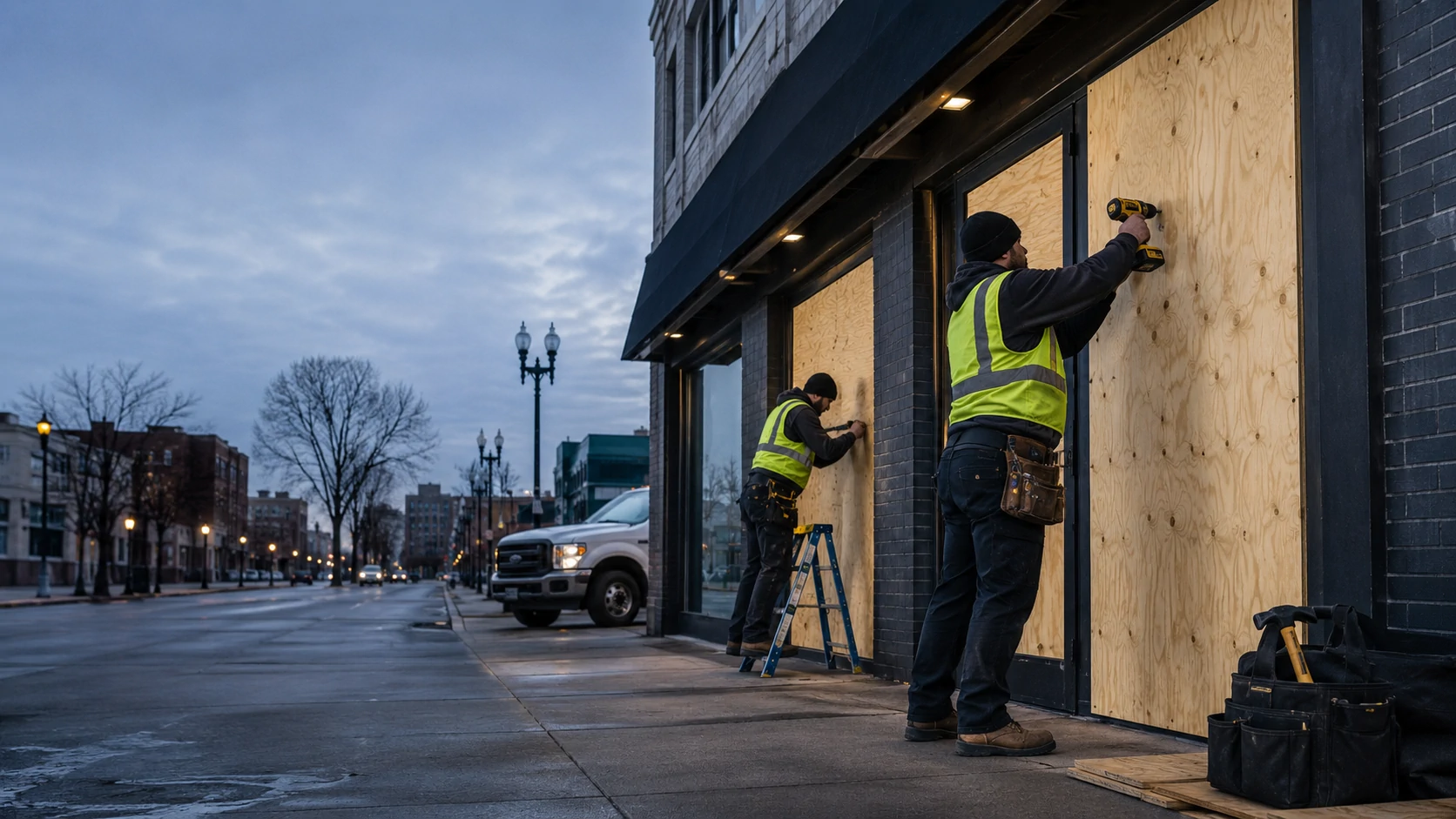 Board-up crew securing a damaged commercial storefront after an emergency property loss.