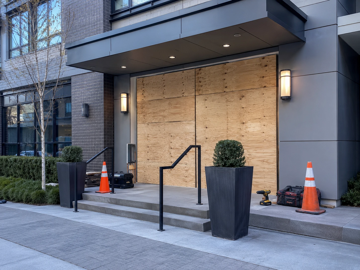 Multifamily building entry secured with emergency board-up.