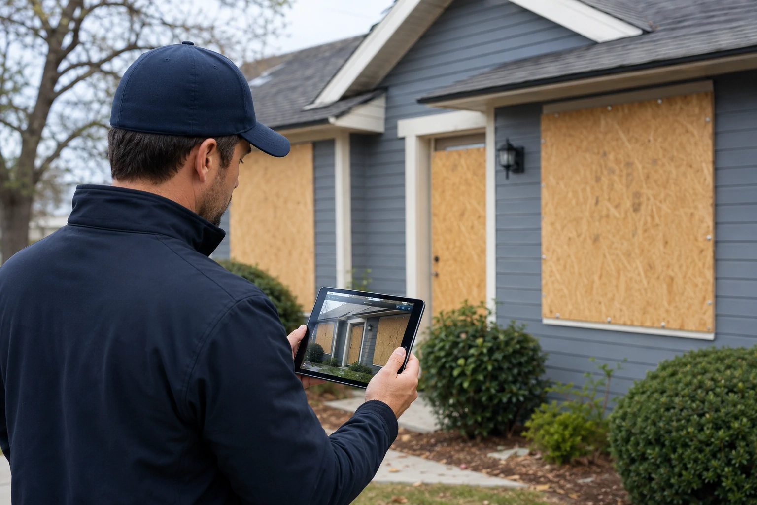 Restoration field supervisor documenting emergency board-up conditions with a tablet.
