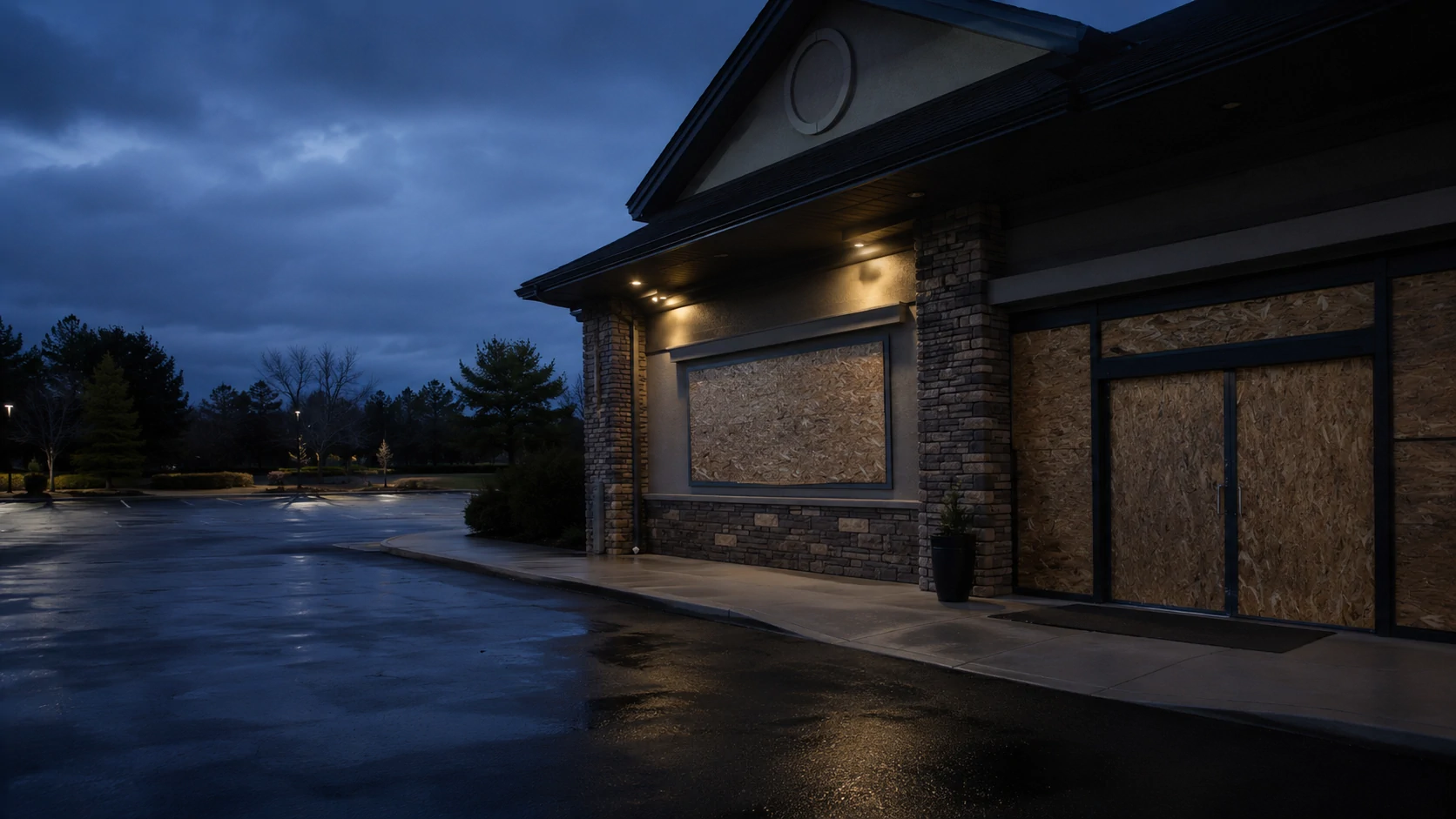 Secured property with board-up protection at dusk.
