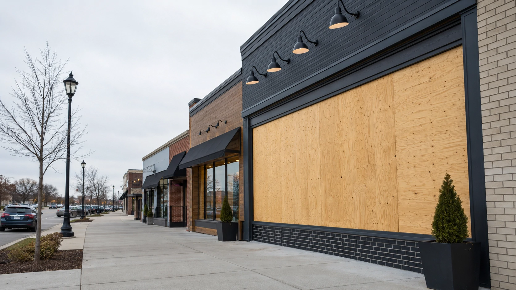 Commercial corridor storefront secured with emergency board-up in the Chicago area.