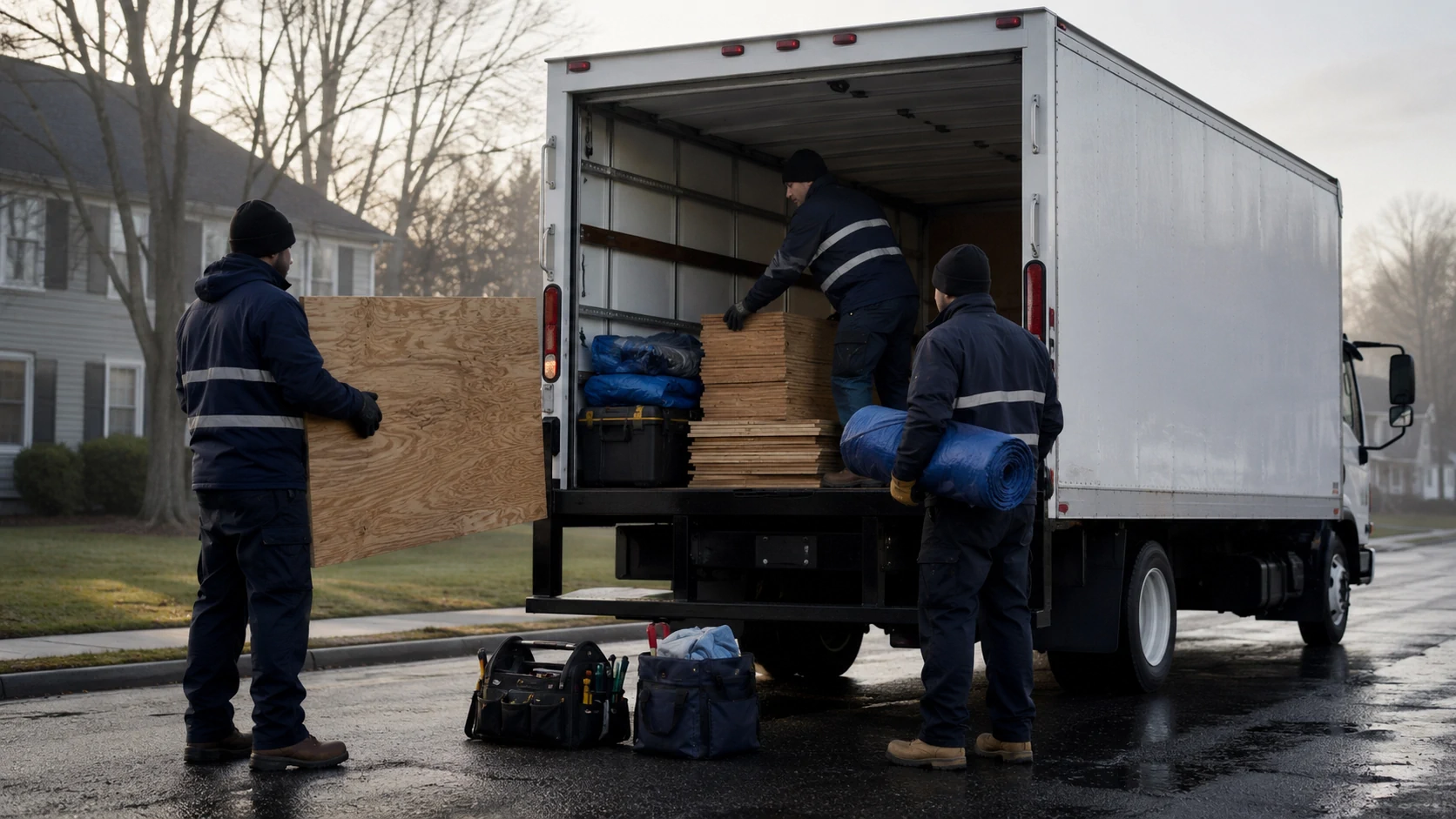 Emergency board-up crew loading plywood and tools for property securing.