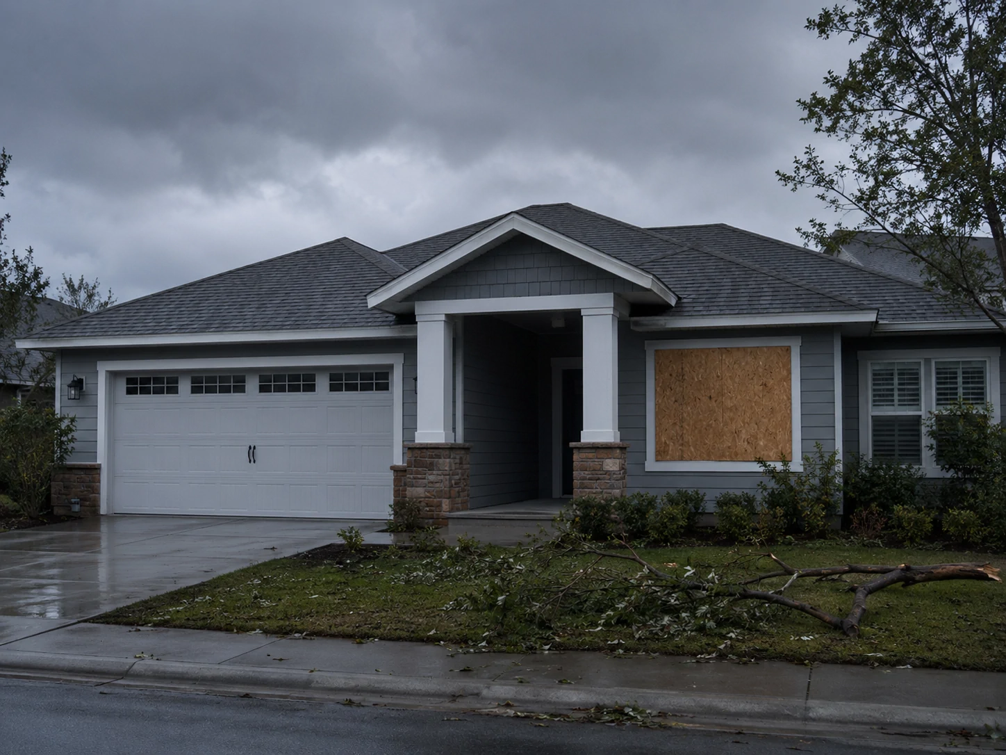 Boarded window and temporary protection after storm damage.