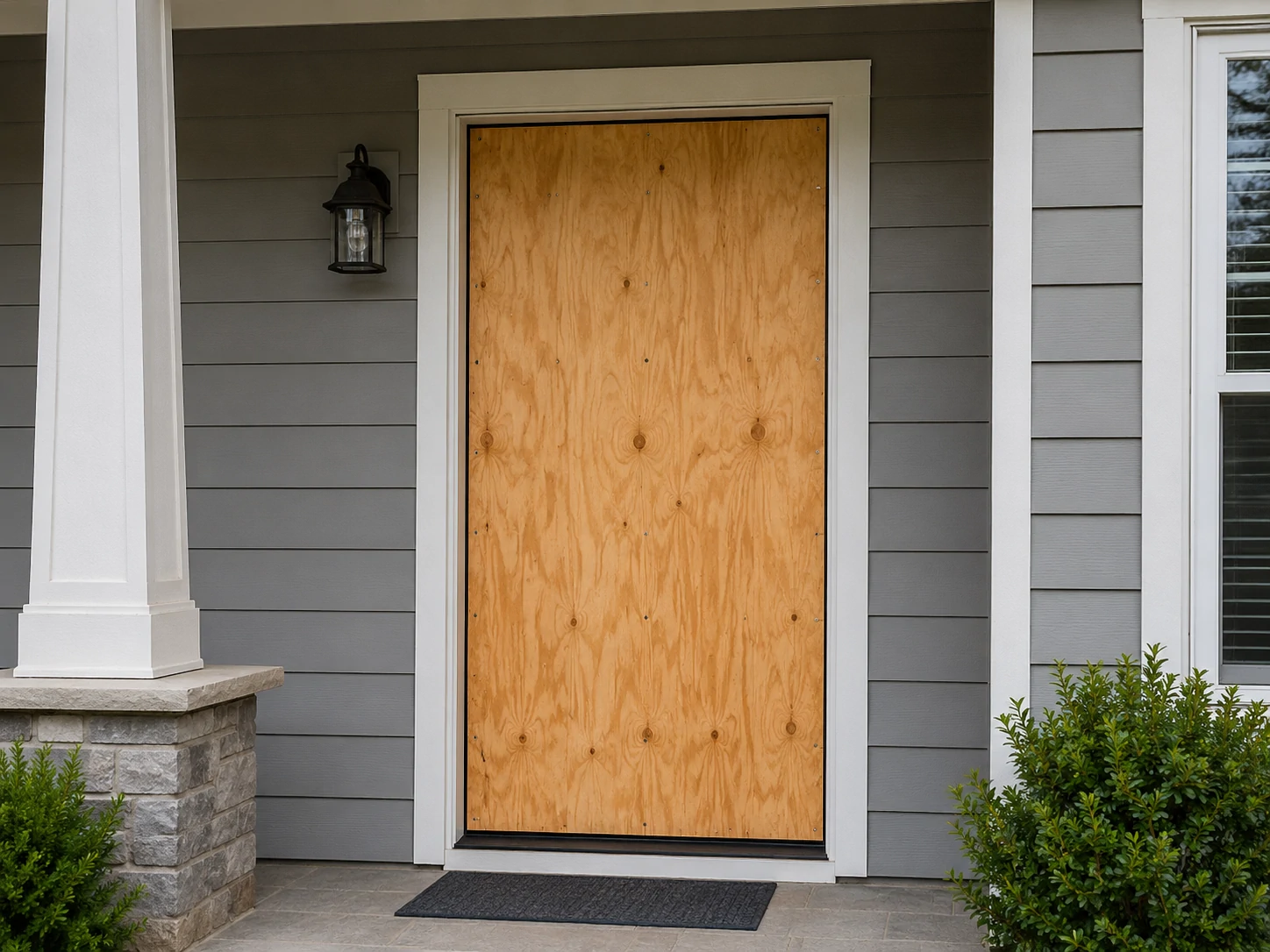 Residential door secured with plywood after damage.