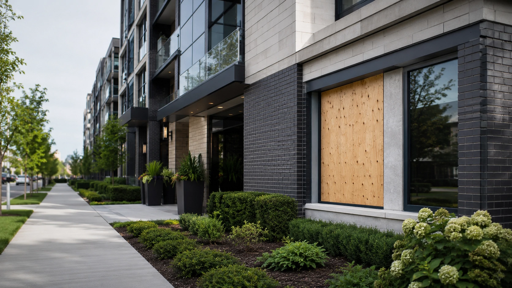 Multifamily property secured with board-up after emergency damage.