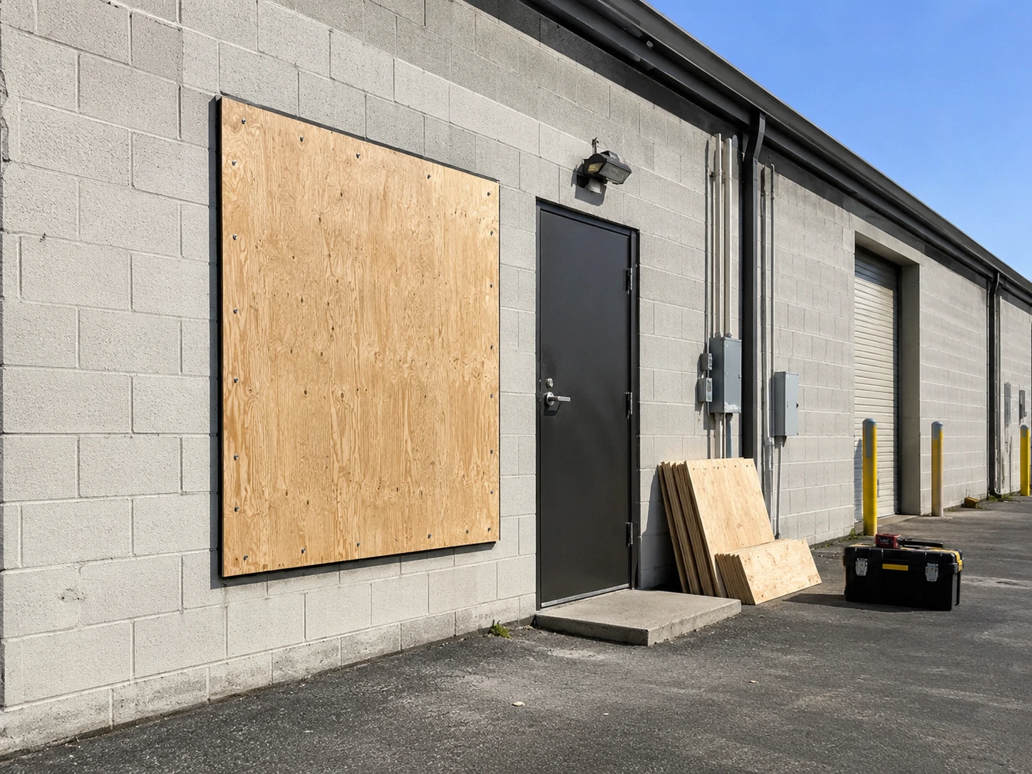 Temporary fencing securing a damaged commercial property.
