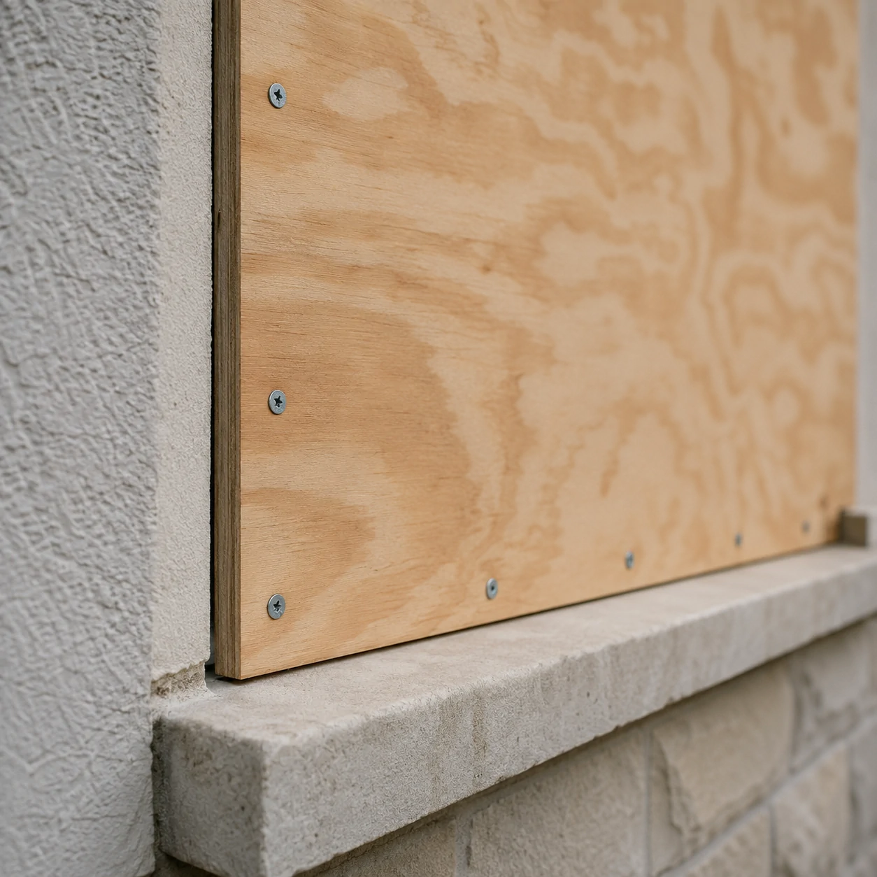 Close-up detail of a secured boarded window after damage.