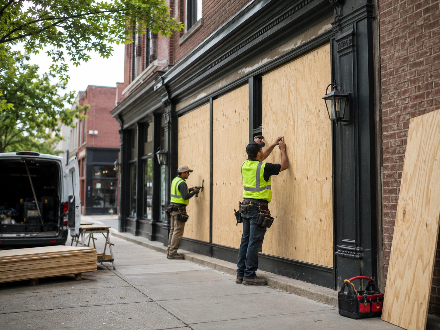 Fire-damaged property exterior secured with emergency board-up.