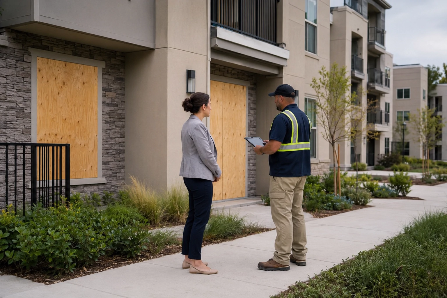 Property manager reviewing a secured multifamily building after emergency board-up.