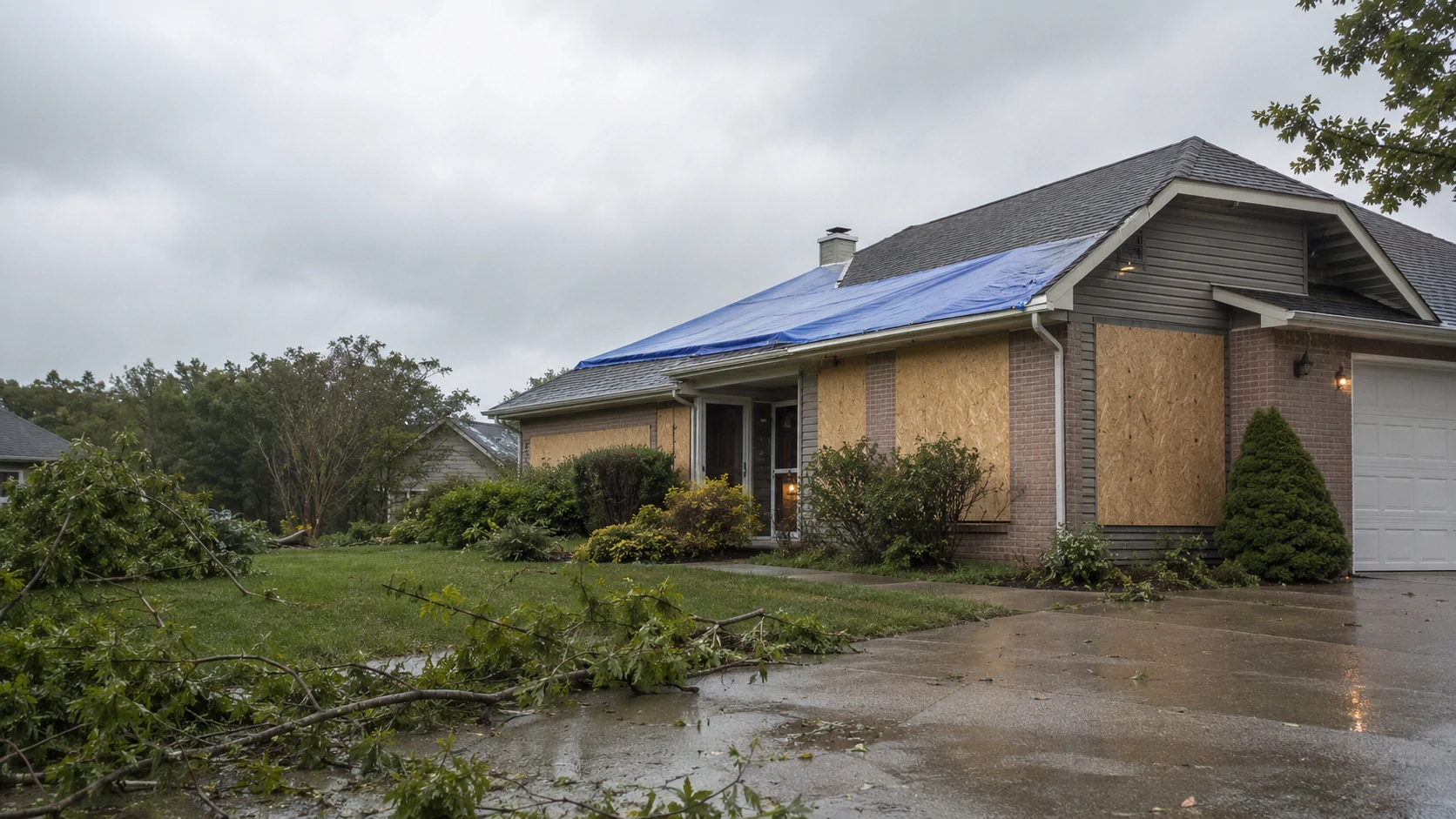 Temporary roof tarp installed after storm damage.